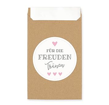 100 Freudentränen Tüten & Sticker (weiß/grau/rosa) - Aufkleber und Mini Papiertüten - Verpackung für Hochzeit Taschentuch (10