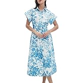 D-Sun Women Button Down Shirt Dress V-Neck Floral Printed Short Sleeves Mid Shirt Dress Belt A-Line Party with Pockets