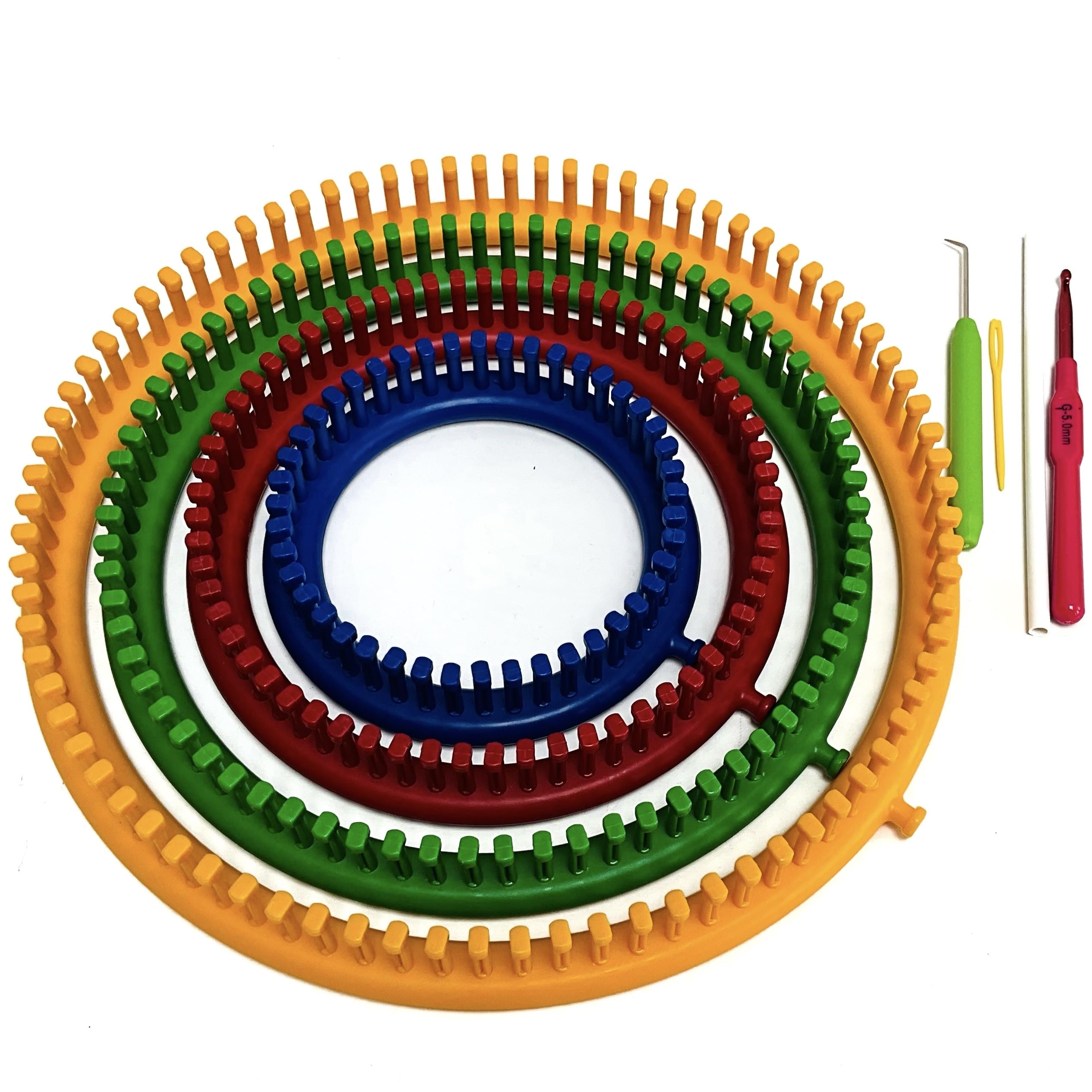 KnitUK Round Knitting Loom Set of 4 Looms with All pegs Fitted. Medium Gauge Configuration.