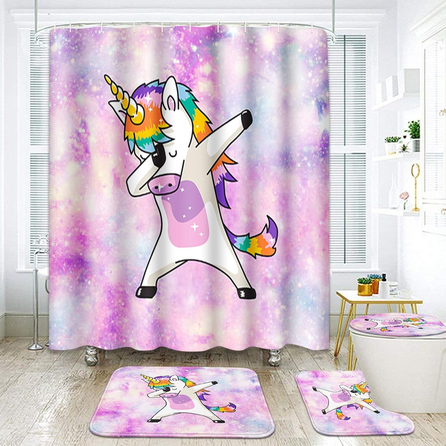 ArtSocket 4 Pcs Shower Curtain Set Funny Unicorn Dance Kid Horse Animal Child Fun Celebration Character Colorful Cute with Non-Slip Rugs Toilet Lid Cover and Bath Mat Bathroom Decor Set 72