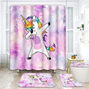 ArtSocket 4 Pcs Shower Curtain Set Funny Unicorn Dance Kid Horse Animal Child Fun Celebration Character Colorful Cute with Non-Slip Rugs Toilet Lid Cover and Bath Mat Bathroom Decor Set 72