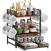 Plaviya Coffee Bar Organizer Countertop Station Shelf, 4 Tier Mug Cup Holder Stand with 12 Hooks, 60 K Cup Coffee Pod Drawer,