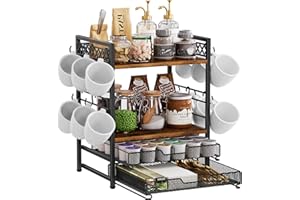 Plaviya Coffee Bar Organizer Countertop Station Shelf, 4 Tier Mug Cup Holder Stand with 12 Hooks, 60 K Cup Coffee Pod Drawer,