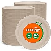 ECOLipak 6 Inch Disposable Compostable Small Paper Plates, 500 Pack Recycled Sugarcane Bagasse Biodegradable Heavy Duty Mini Dinner Appetizer Cake Dessert Plates for Party(Nature)