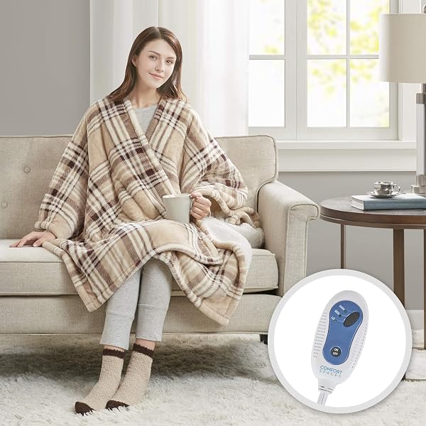 Beautyrest Ultra Soft Sherpa Berber Fleece Electric Poncho Wrap Blanket  Heated Throw with Auto Shutoff, 50 in x 64 in, Grey Plaid : Amazon.ca: Home