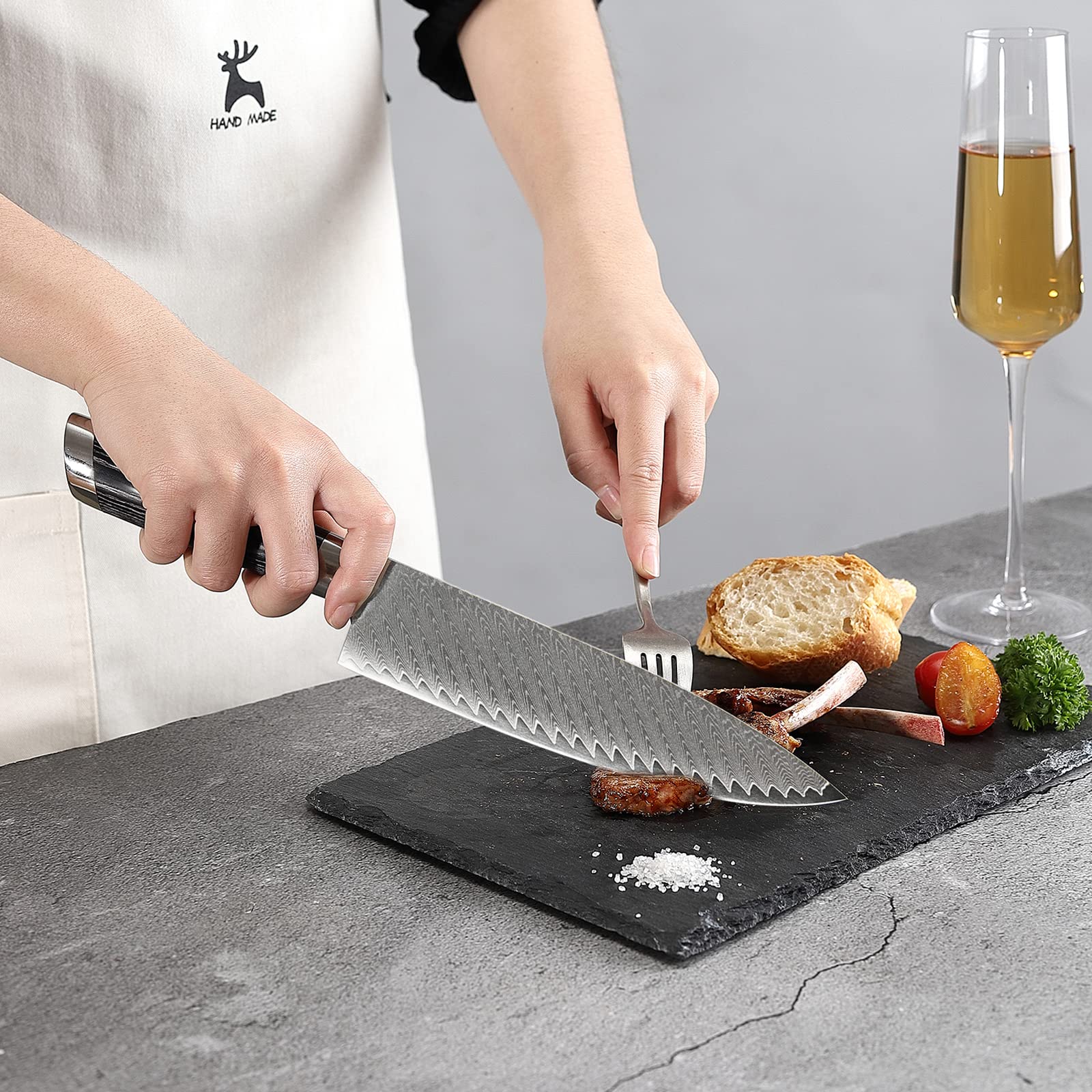 NANFANG BROTHERS Damast-Küchenmesser-Set 7-teilig, VG10 Japanisches Profi-Küchenmesser-Set Damast mit Buchen-Messerblock, Scheren, inklusive stilvoller Geschenkbox 7