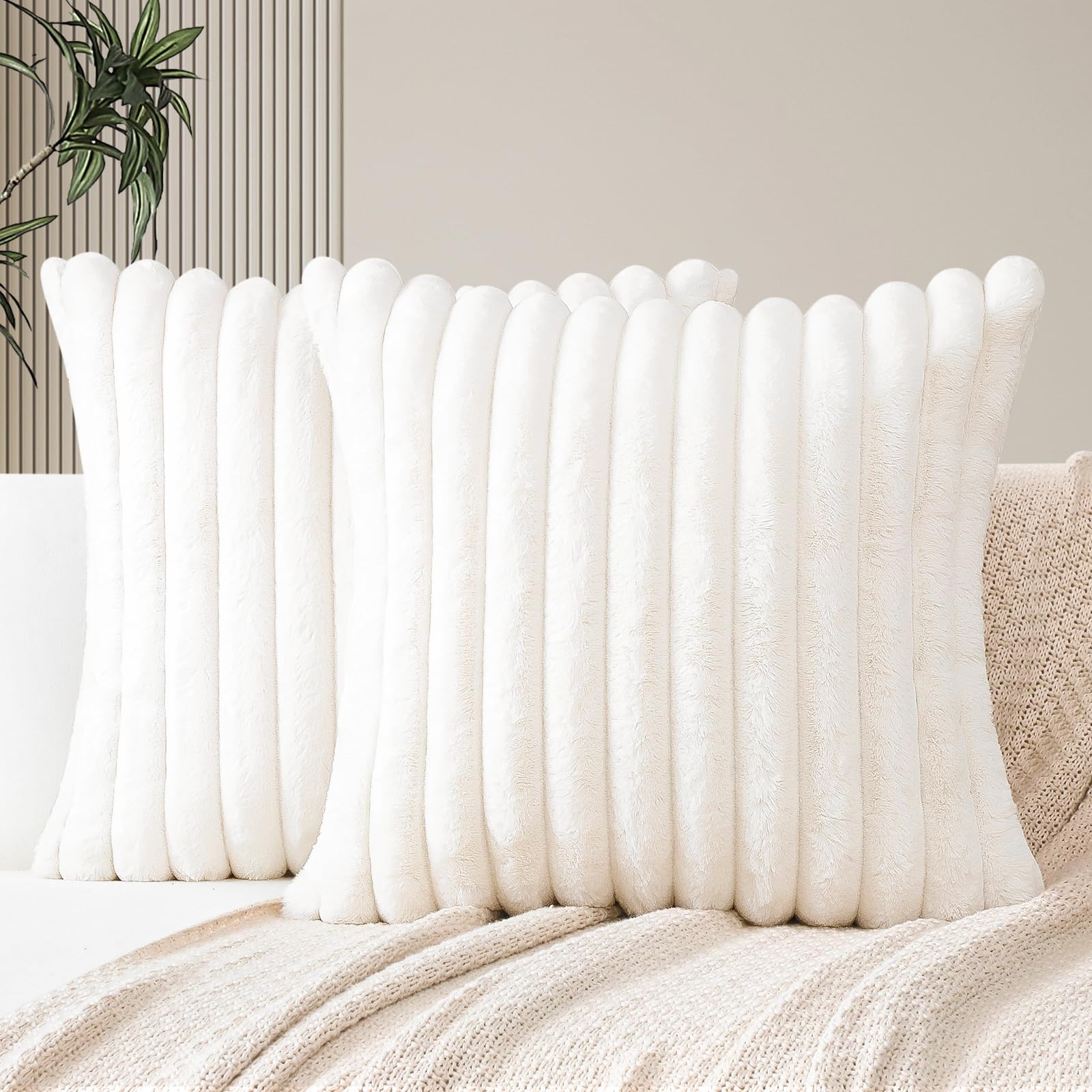 JOTOM Set of 2 Double-Sided Faux Fur Plush Cushion Covers 45x45 cm Soft Striped Decorative Throw Pillow Covers Square Cushion Case Home Decor Pillow Cases for Couch Sofa Bed 18x18 Inch (Cream White) — image 1
