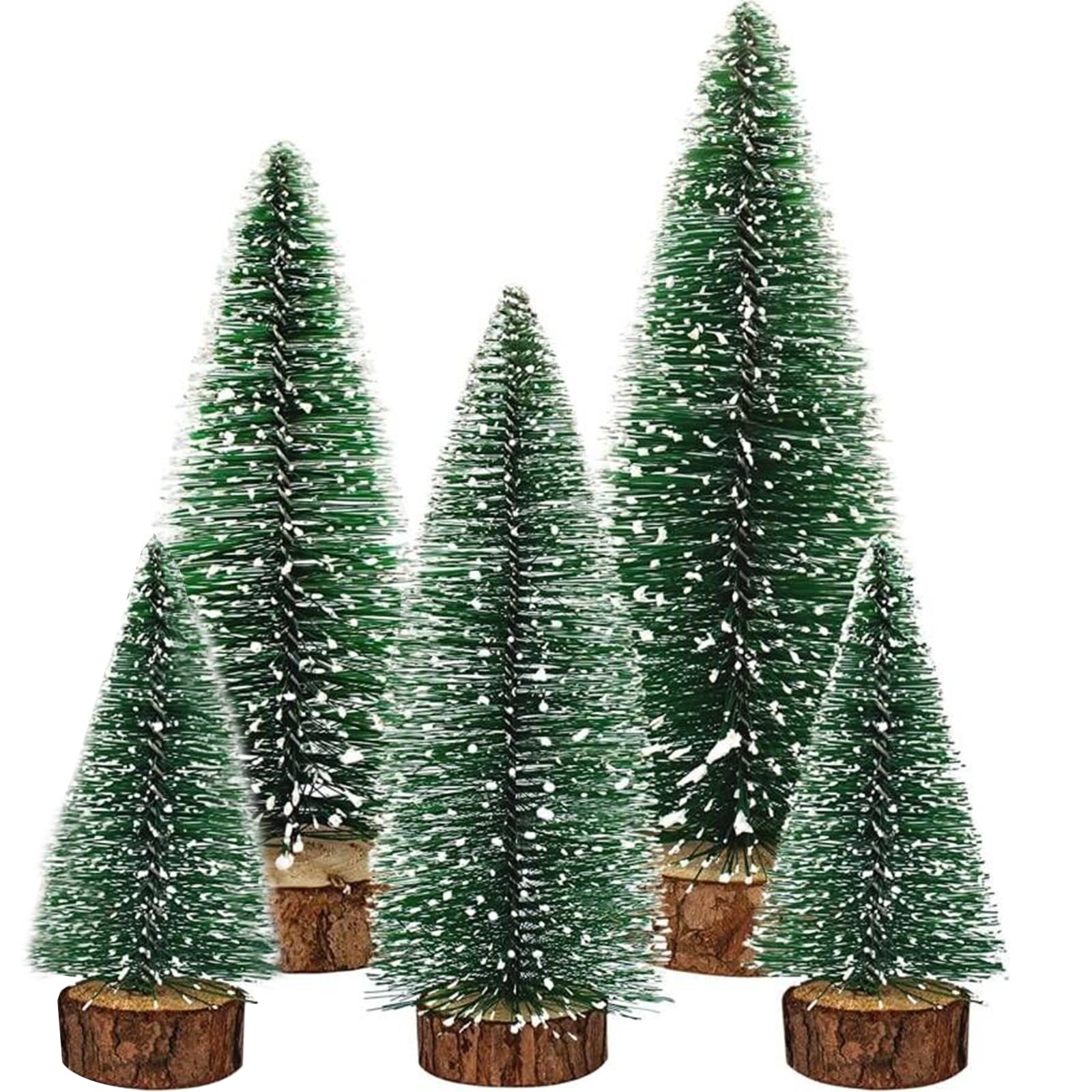 Dream Loom Artificial Mini Christmas Trees, A Set of 5pcs Miniature Sisal Frosted Christmas Trees Bottle Brush Trees for Xmas Home Tabletop Decor (Green)