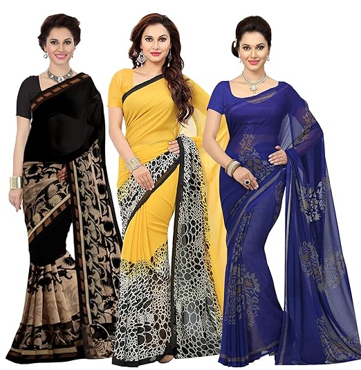 Combo of 3 Poly Georgette Multicolor Printed Women Saree with Blouse Piece