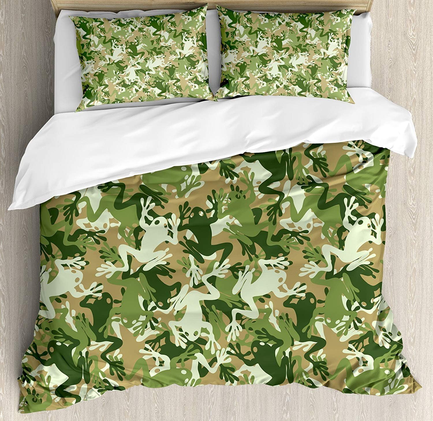 VCFUN Family Comfort Bed Sheet Animal Skull Camouflage Military Design Various Frog Pattern Different Tones Art Sage Pine Green, 4 Piece Bedding Sets Duvet Cover Oversized Bedspread, Queen Size