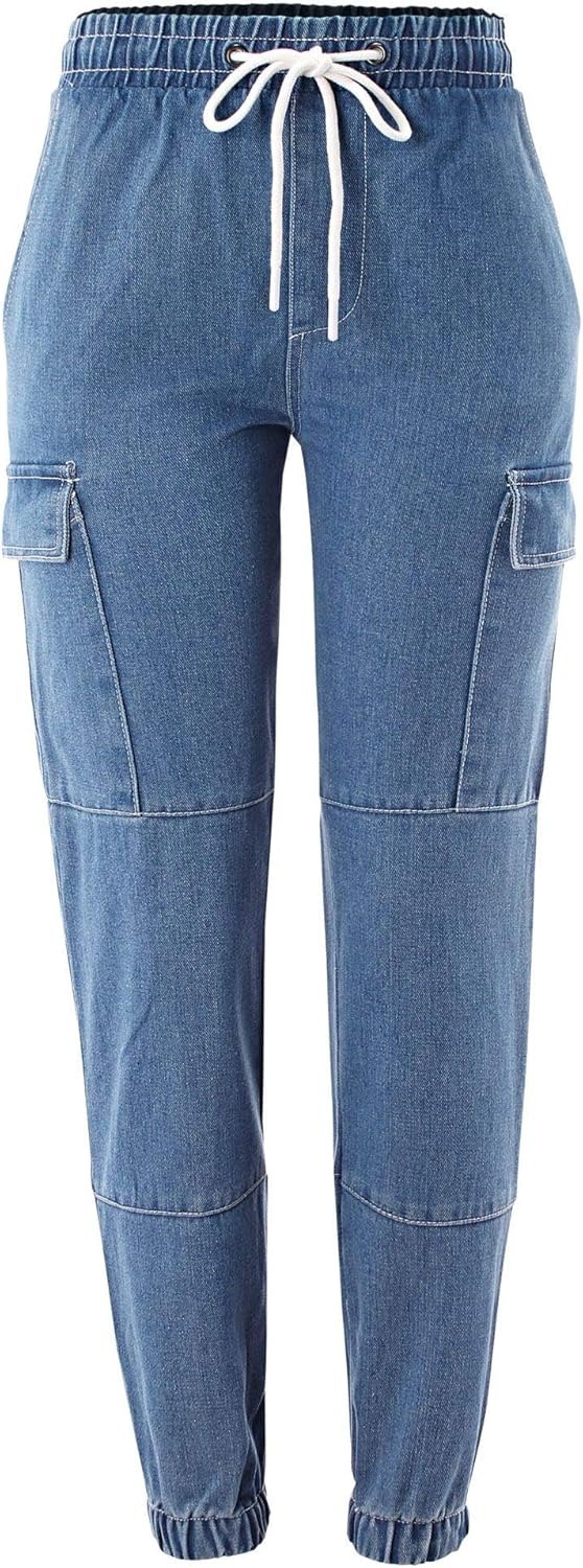 Women Pull on Slim Fit Classic Cargo Denim Joggers Elastic Waist