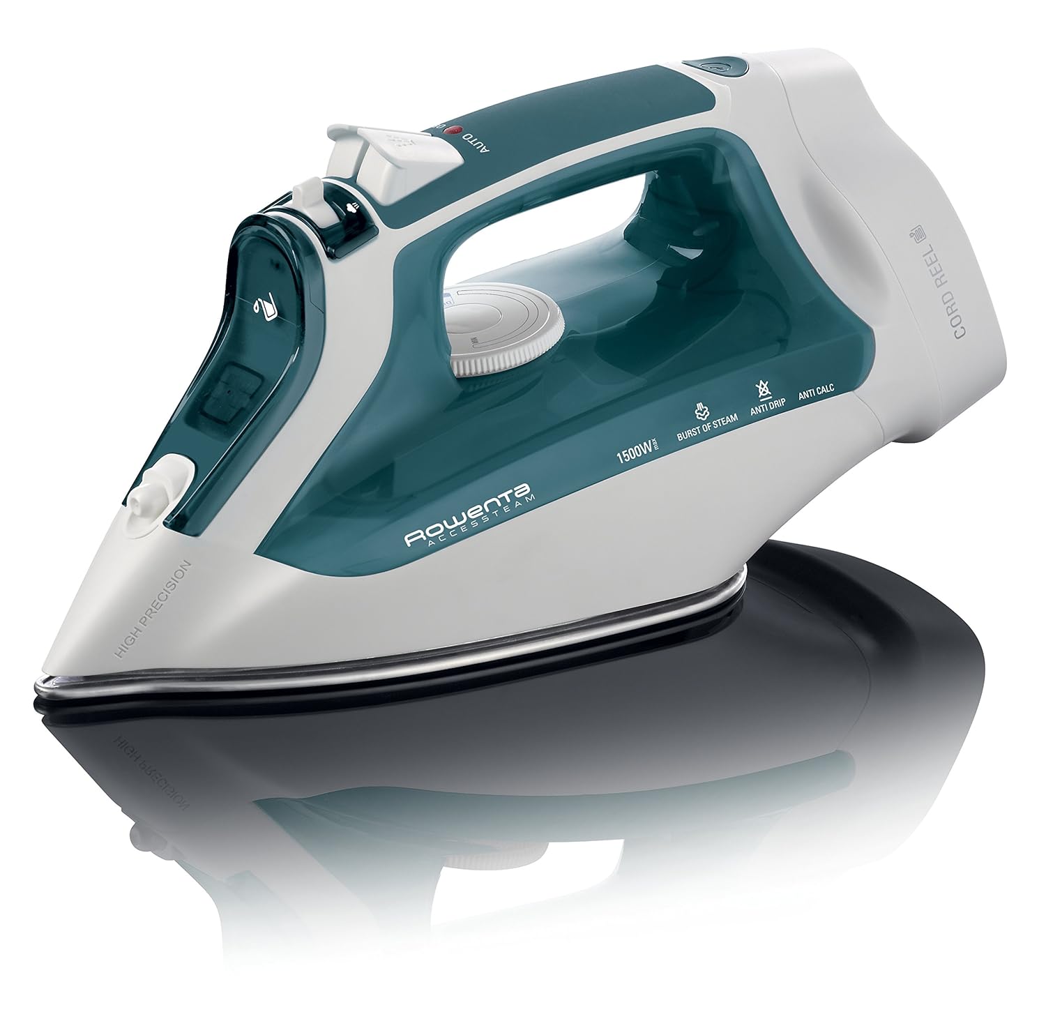 Rowenta DW2191 Access Steam 1500-Watt Cord Reel Steam Iron Stainless Steel Soleplate, 300-Hole, Green