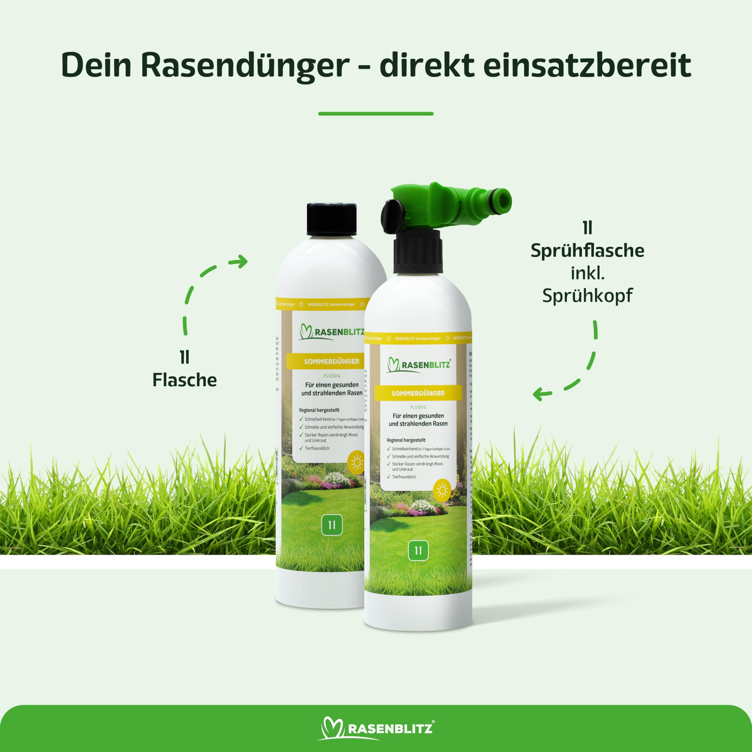 RASENBLITZ Rasendünger Sommer flüssig 2 L – flüssiger Rasendünger für starken Rasen trotz Hitze – ideal zur Ergänzung zu Rasensamen – inkl. Sprühflasche – Anwendung direkt am Gartenschlauch 3