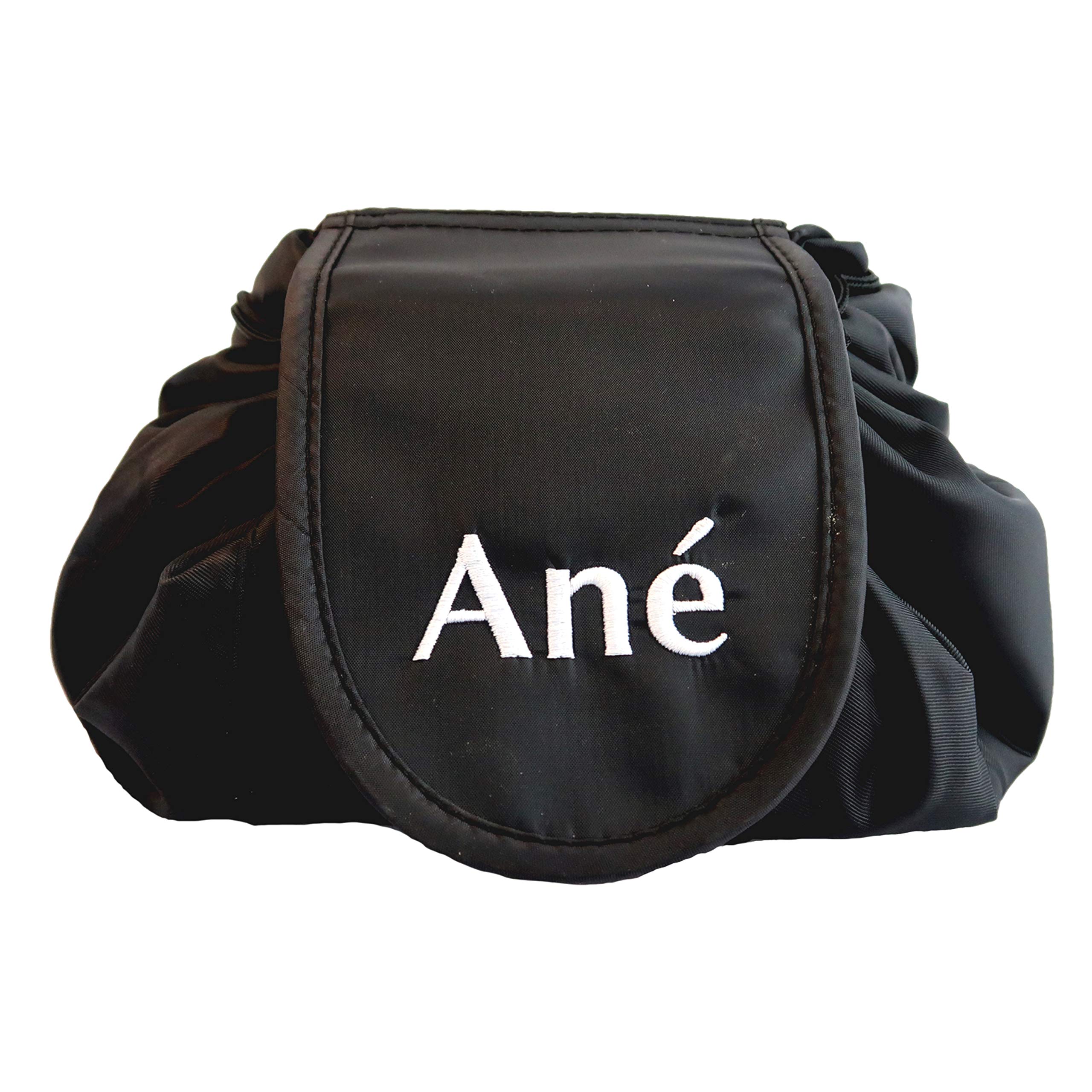 Ané Lazy Drawstring Make up Bag, Black Travel Cosmetic Organiser Pouch for Women