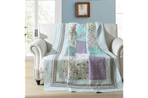 VIVILINEN Cotton Patchwork Quilt Twin Size Light Blue Reversible Throw Blanket for Couch Sofa Lightweight Floral Quilted Bedspread Coverlets Garden Flowers Comforter Bed Cover for Twin Bed Home Decor