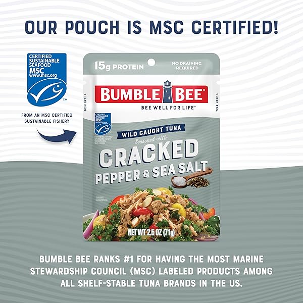 BUMBLE BEE CRACKED PEPPER & SEA SALT SEASONED TUNA, 2.5 OZ POUCHES (PACK OF 12) – READY TO EAT – WILD CAUGHT TUNA PACKET – 15G PROTEIN PER SERVING – GLUTEN FREE