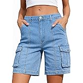 ELLEVEN Bermuda Cargo Shorts Women, Elastic High Waist 6 Pockets Shorts 7 Inch Inseam Summer Jorts for Women Casual