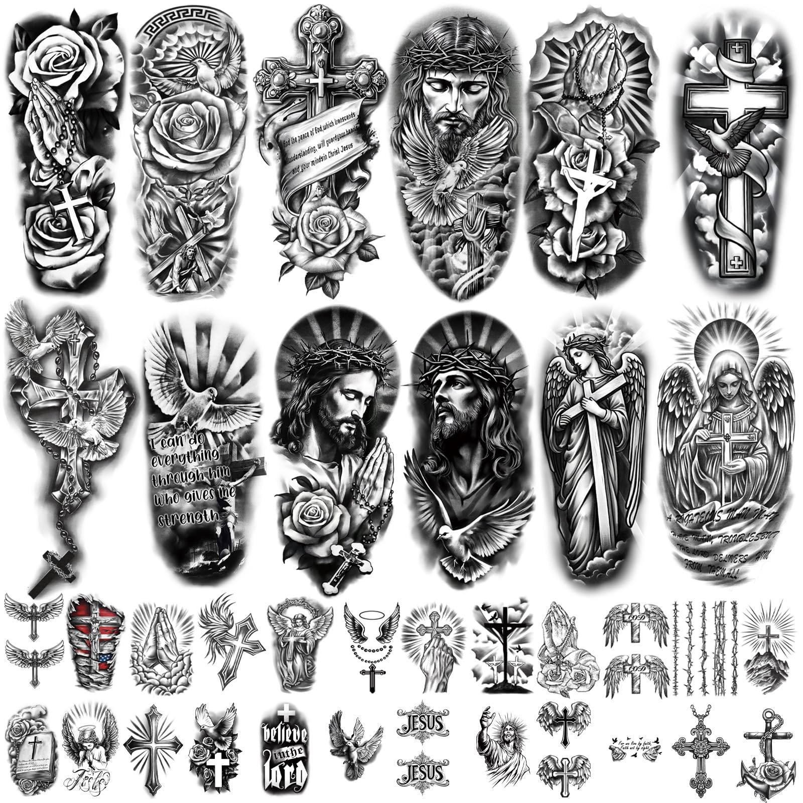 77 Sheets Christian Cross Temporary Tattoo for Women Men, 17 Sheets Half Arm Large Religious Jesus God Fake Tattoos, 60 Sheets Angels Black Christ Tiny for Adult Kids Body Tattoos Stickers Realistic — image 1