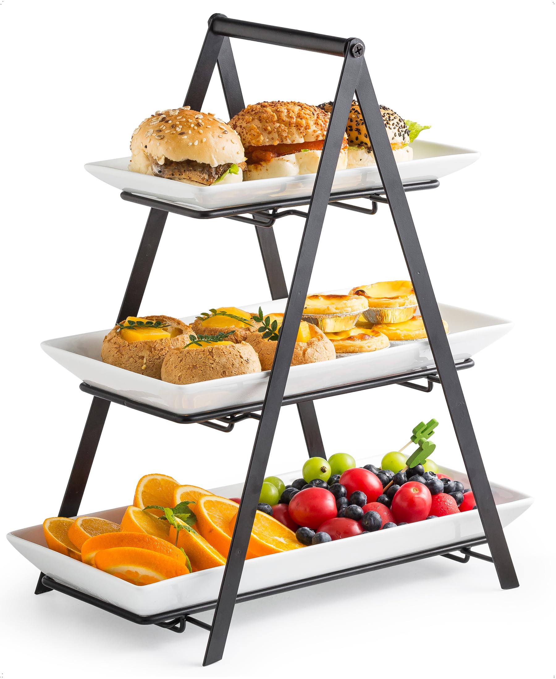 Photo 1 of YHOSSEUN 3 Tier Serving Tray Tiered Tray Stand, Ceramic Serving Platters and Trays with Metal Rack, 10+12+14 Inch Large Serving Trays for Party 3 Tier Serving Stand Dessert Display Set, Black