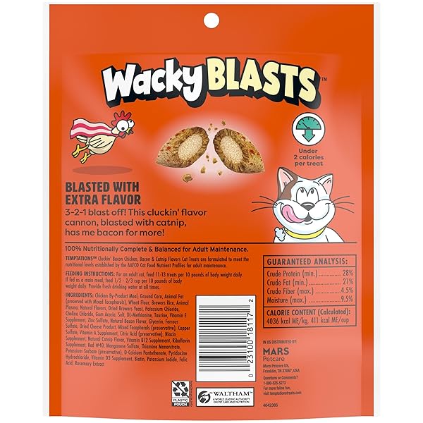 TEMPTATIONS WACKY BLASTS CAT TREATS, CLUCKIN’ BACON FLAVOR, 6.3 OZ. POUCH (PACK OF 10)