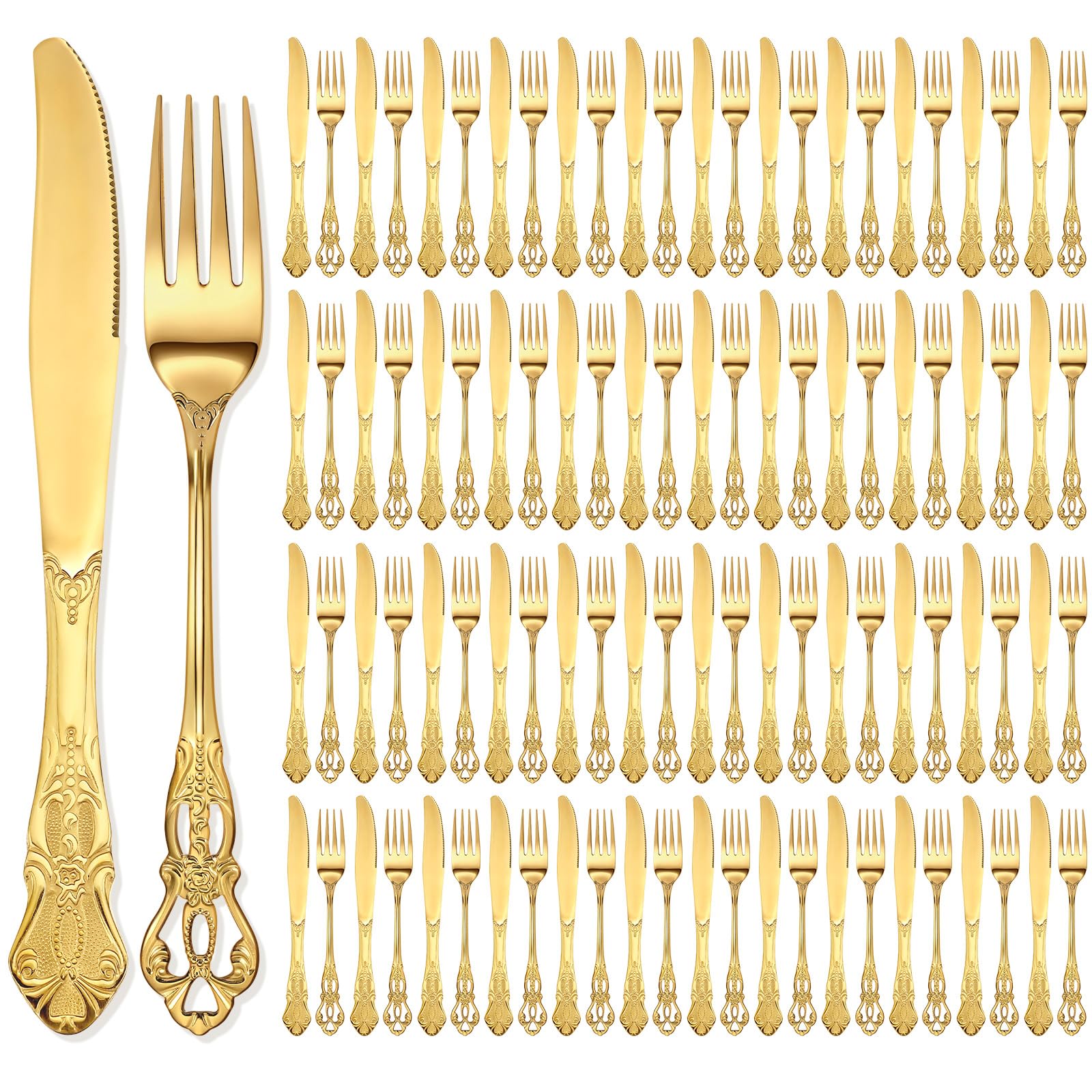 Photo 1 of Dandat 100 Pcs Gold Forks and Knives Cutlery Set Stainless Steel Steak Knives Forks Flatware Royal Silverware Set for Wedding Party Restaurant Dishwasher Safe (Retro)