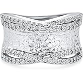 Bling Jewelry Personalized Modern Geometric Boho Style Criss Cross CZ Accent Band Fashion Statement Brushed Hammered Matte Finish Wide Band Ring For Women Yellow 14K Gold Plated Brass Customizable