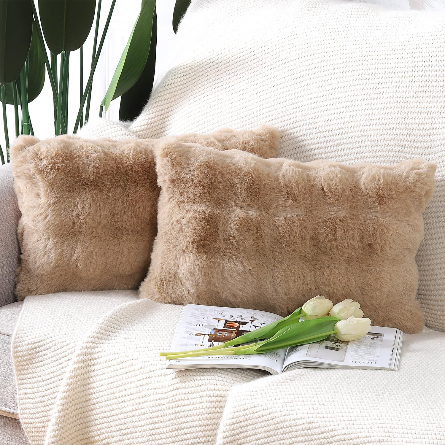 Madizz Pack of 2 Thick Plush Faux Wool Cushion Covers 30x50 cm Camel Soft Neutral Decorative Throw Pillow Covers Accent Boho Pillowcases for Couch Sofa Bedroom Pillow Shell — image 1