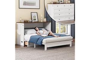 howcool Queen Murphy Bed Cabinet with Charging Station and Large Storage Drawer, Solid Pine Wood Platform Bed Frame, Foldable Cabinet Bed for Home Office, Space Saving Design, White + Walnut