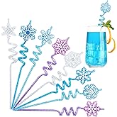 JANYUN 20Pcs Glitter Frozen Plastic Straws Drinking Straws, Reusable Snowflake Straws Bulk 8 Snowflake Shapes for Winter Holiday Birthday Frozen Themed Party Supplies Decoration Christmas Gift