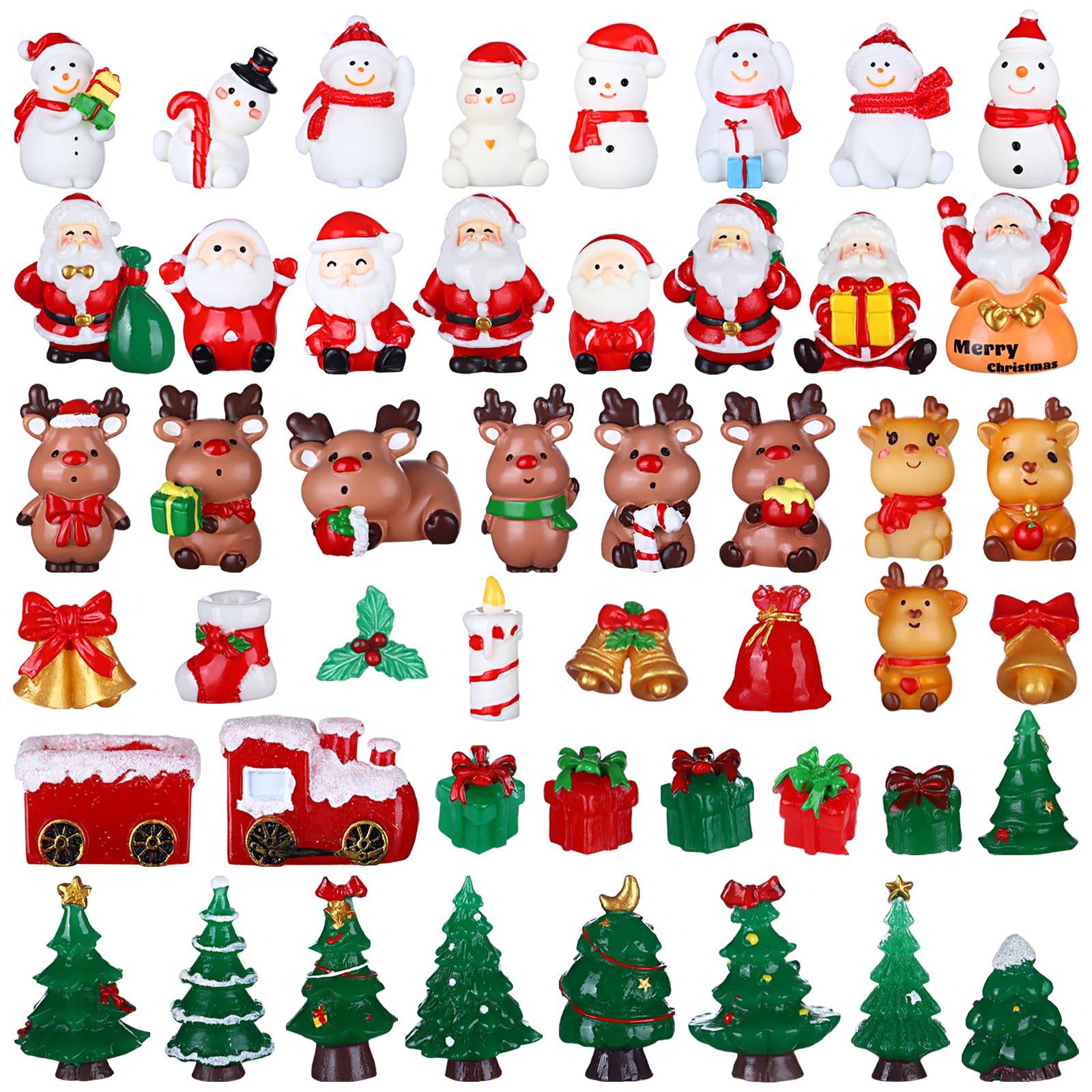 48 Pcs Miniature Christmas Figurines - Desktop Decor, Resin Ornaments, Santa Claus, Snowman, Elk, Tree, Bell, Red Hat Socks