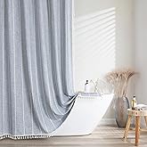 meioro Boho Farmhouse Striped Shower Curtain, 330GSM Linen Woven Fabric Shower Curtain Set with Tassel, Water Repellent Rustic Bohemian Thick Cloth Shower Curtains for Bathroom, Blue, 72x72