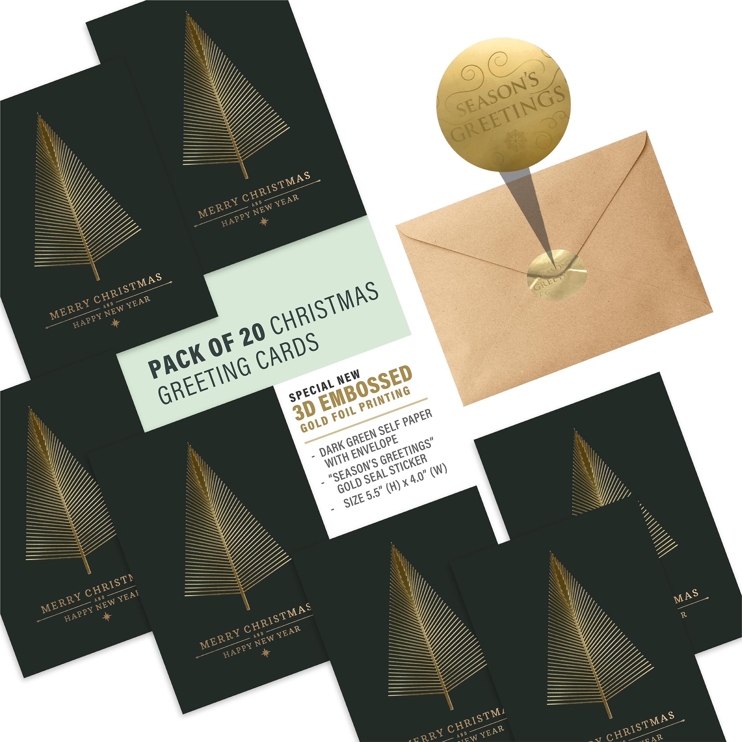 easykart labels 20 Gold Foil Christmas Greeting Cards with Envelopes | Dark Green Col & Embossing on Christmas Tree | 5.75 x 4.25 Inch Merry Christmas Cards with Seal Stickers For Friends , Family and loved Ones