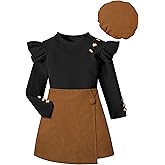 MIGU Girls Clothes Ruffle Long Sleeve Round Neck Button Top Skirt Short Beret Fall Outfit 3 Piece Skirt Set