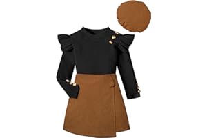 MIGU Girls Clothes Ruffle Long Sleeve Round Neck Button Top Skirt Short Beret Fall Outfit 3 Piece Skirt Set