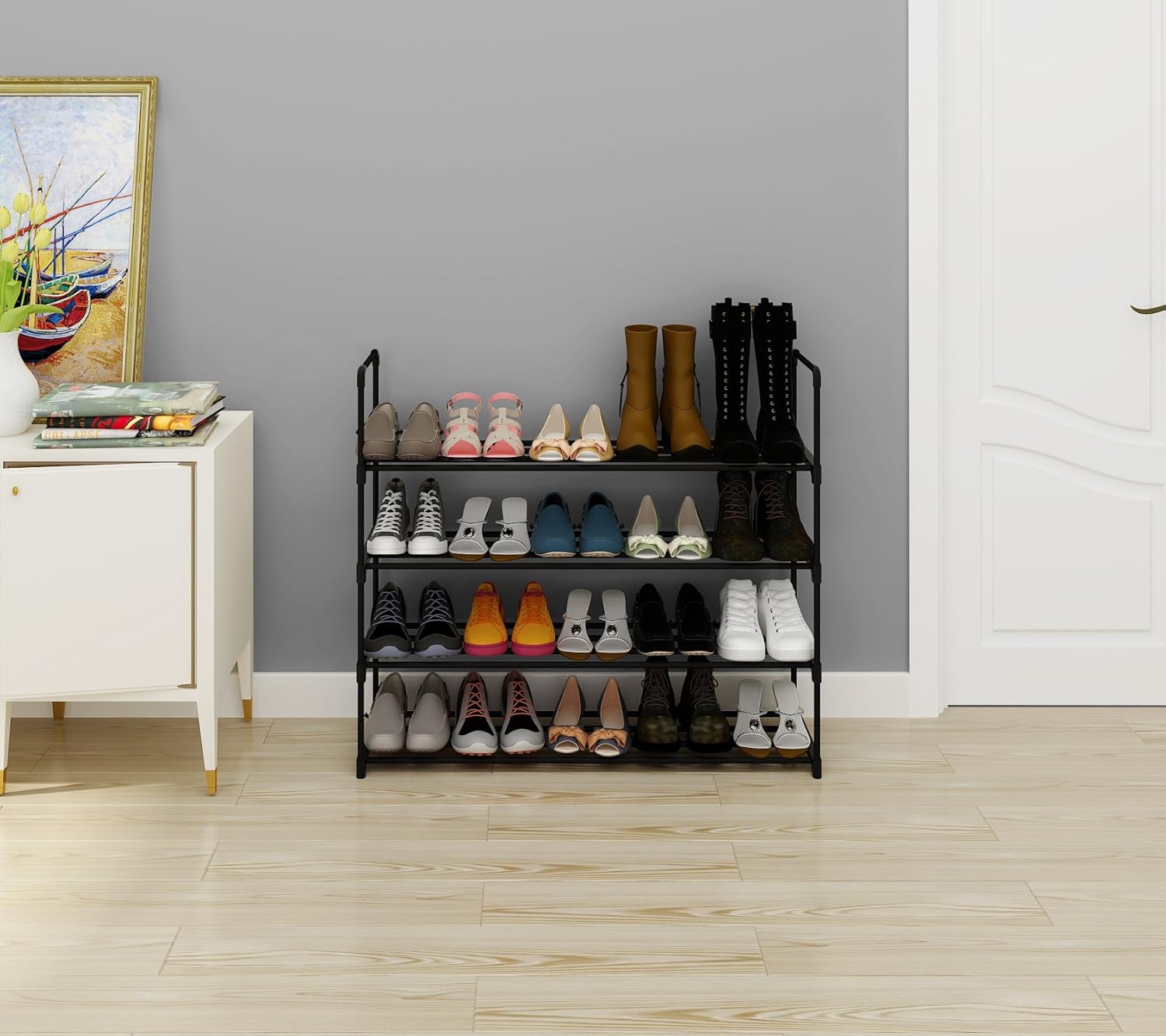 HOMEFORT 4-Tier Shoe Rack, Metal Shoe Tower,20 Pairs Shoe Storage Shelf, Entryway Stackable Shoes Organizer with 4 Tiers Metal Shelves in Black,35.6" W x11.82" D x33.27" H: Home Improvement