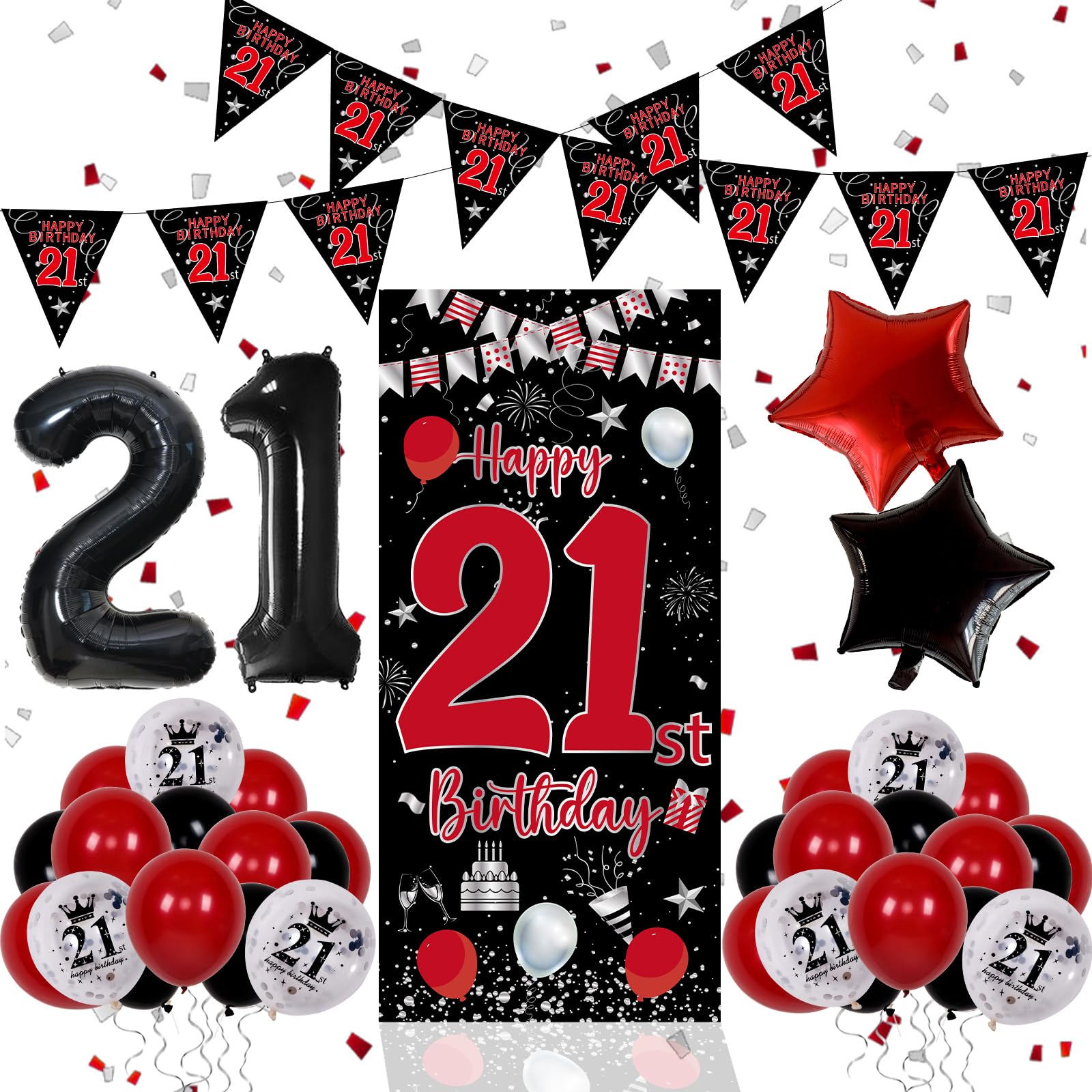 View 1 of 21th Birthday Decorations for Him Her, Red Black Happy 21st Birthday Decorations for Men Women, Boys 21st Bday Door Banner, Triangle Flag, Large 21 Balloons Decor for 21 Year Old Party