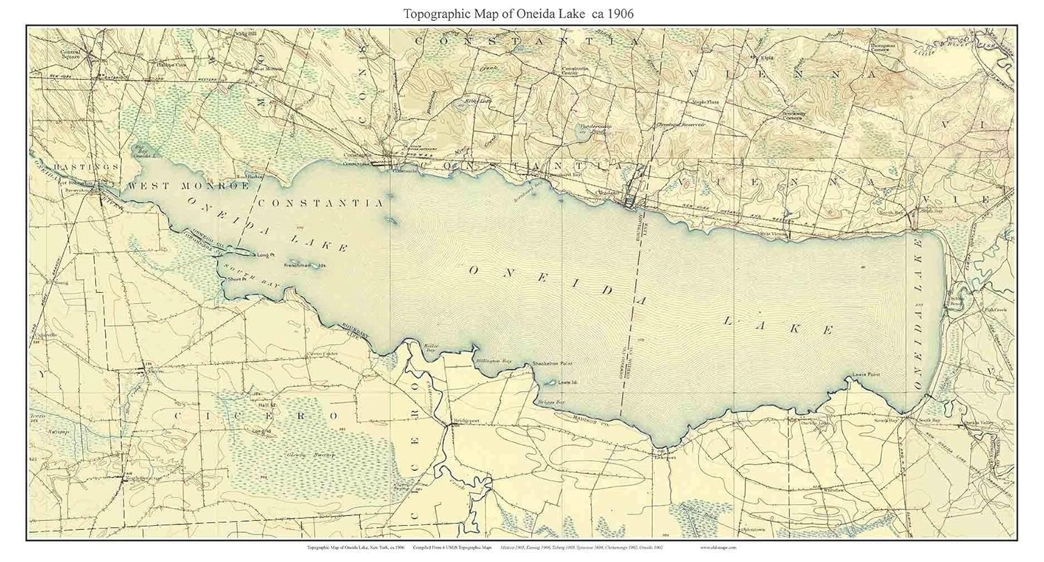Oneida Lake ca. 1906 USGS Old Topographical Map Custom