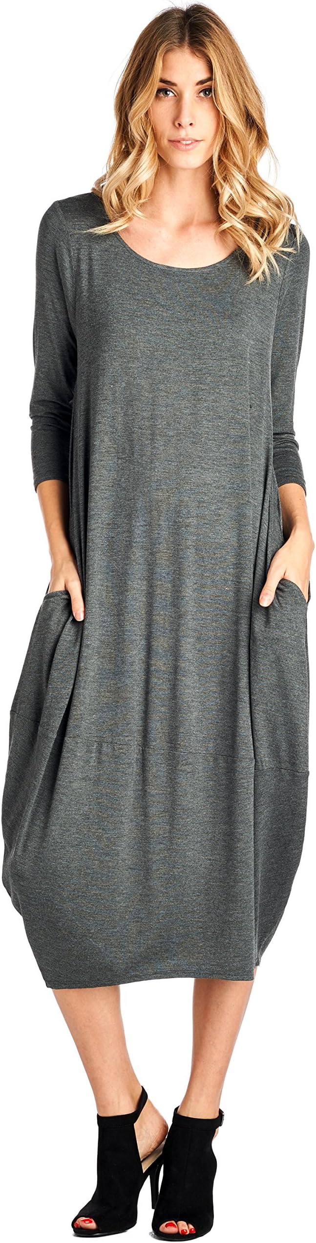 Solid 3/4 Sleeve Bubble Hem Pocket Midi Dress (S-3X) - Made in USA