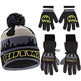DC Comics Boys Winter Hat with Knit Insulated Ski Glove, Batman 3-Piece Set, Ages 4-7