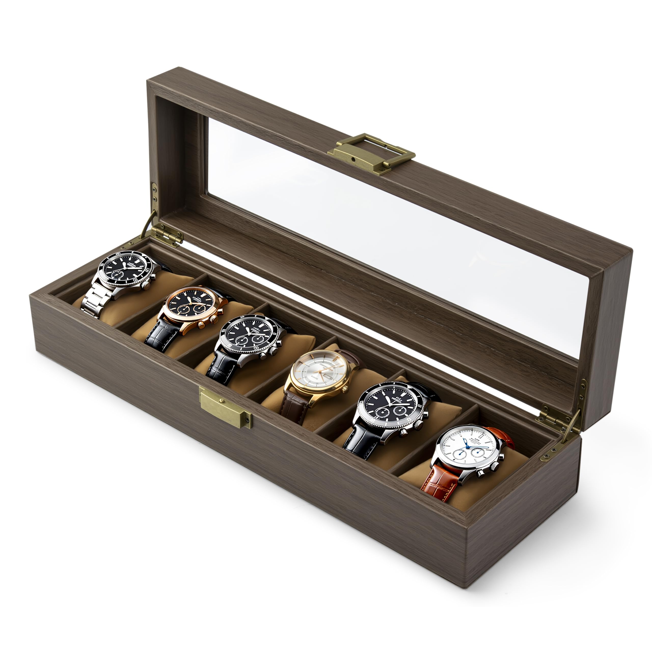 QIWODE Watch Box 6 Slots, Watch Display Case, Wood Grain PU Watch Storage Organiser with Glass Display Lid and Pillow, Valentines Day Gifts, Birthday Gifts for Men and Women