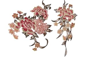 letsinstyle 2Pcs Brown Peony Flower Embroidered Patches, 2 Styles Peony Blossom Sew on Appliques, Bouquet Boho Repair Patch f