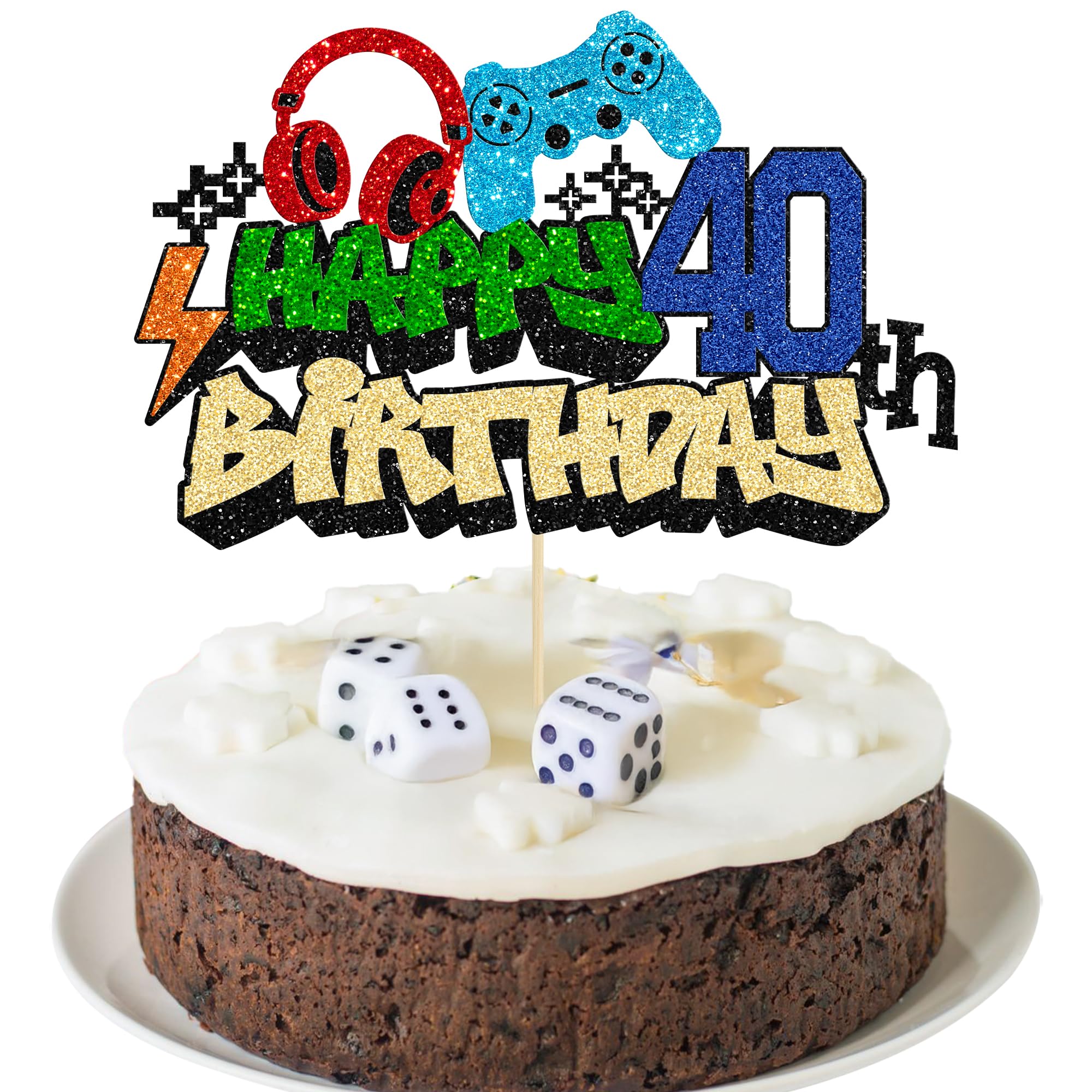 Gyufise 1Pcs Happy 40th Birthday Cake Topper Glitter Video Game Cake Pick Game On Controllers Eighteen Cheers to 18 Years Cake Decoration for Game Theme Happy 40th Birthday Party Supplies