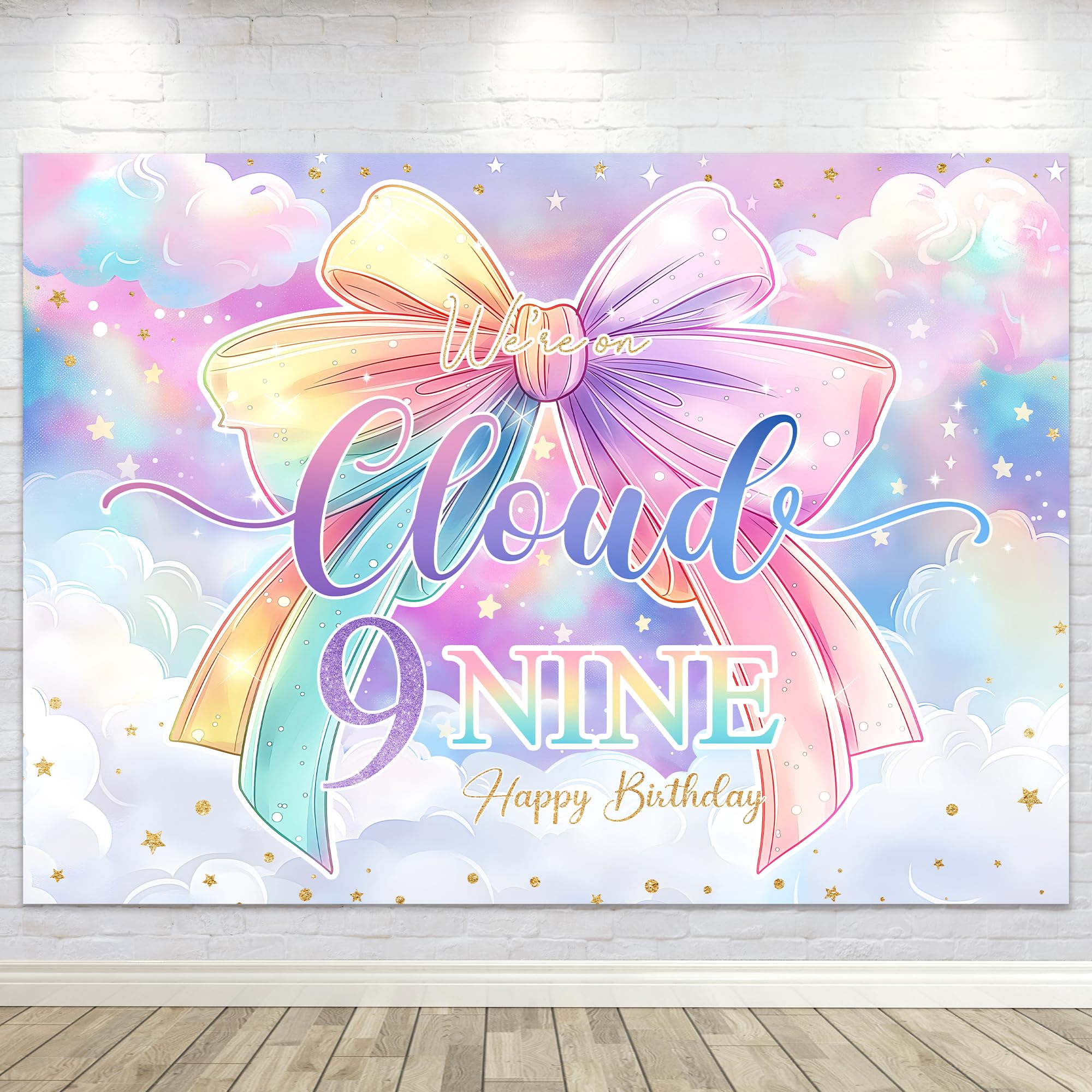 Photo 1 of LGhtyro On Cloud 9 Birthday Backdrop for Girls Cute Bow Pastel Cartoon Stars Starry Sky Colorful Lovely Photography Background Decoration Colorful Modern Beautiful Fabric Photo Shoot Studio Props