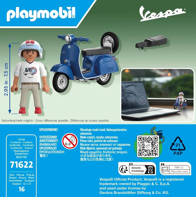 71622 1969 Vespa 150 Sprint Veloce, Bleu - Comprend Un Personnage, Une Vespa, Deux selles, Une Roue de Secours Amovible Ainsi Que des Accessoires - Dès 5 Ans