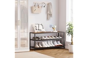 Homeiju Shoe Bench, 3-Tier Shoe Rack, 36" Storage Entry Bench with Metal Shelves Wood Seat, Rustic Foyer Bench for Entryway, Hallway Front Door, Doorway, Living Room, Mudroom, Rustic Brown