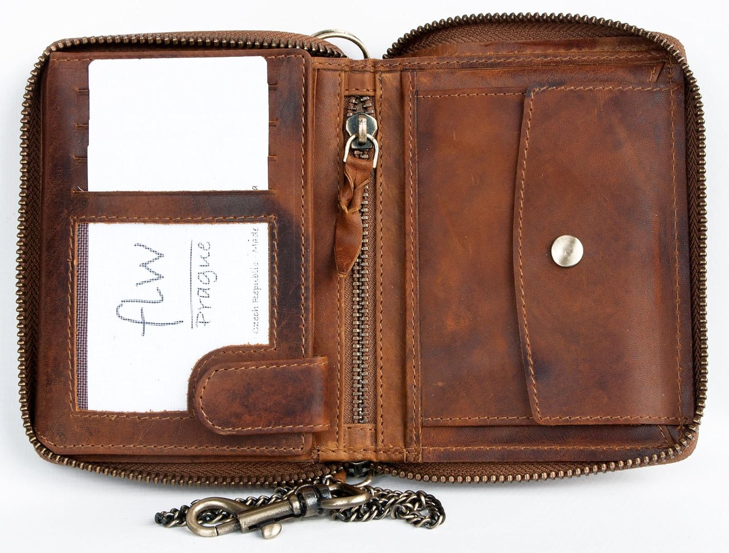 FLW Glazed genuine leather biker's leather wallet with metal chain, Tan - Image 4