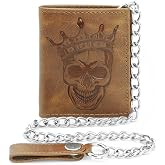 RAW HYD Leather Full Grain Leather Biker Wallet for Men with Chain, Tan | Skull Wallet, Stainless Steel, with Belt Loop Attachment, Snap Closure, Zipper Coin Pocket, Cash Sleeves, ID & Card Slots