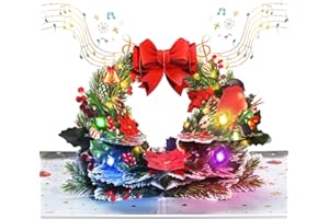 VIVIKEN Pop Up Christmas Cards with Lights and Music, 3D Christmas Wreath Design, Handmade Musical Popup Greeting Card for Christmas Holiday Includes Envelop, Playing 'We Wish You a Merry Christmas'