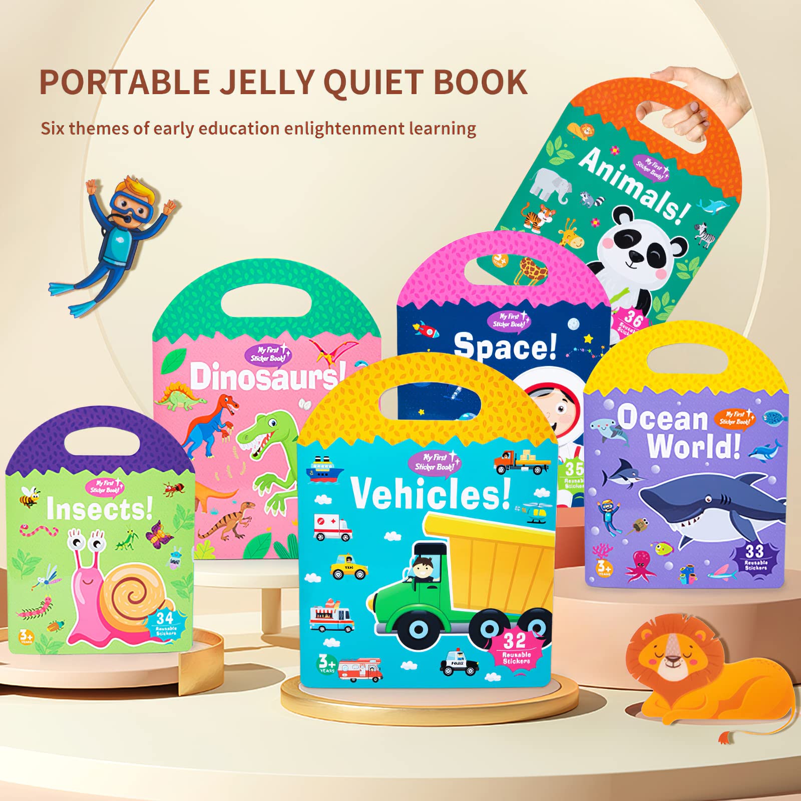 MIKNEKE 6 Pack Jelly Reusable Sticker Books for Toddlers 1-3 2-4 Years, Portable Travel Toys Sticker Activity Book for Kids 2 3 4 Year Old Girls Boys, Animal Insect Dinosaur Ocean Space Car