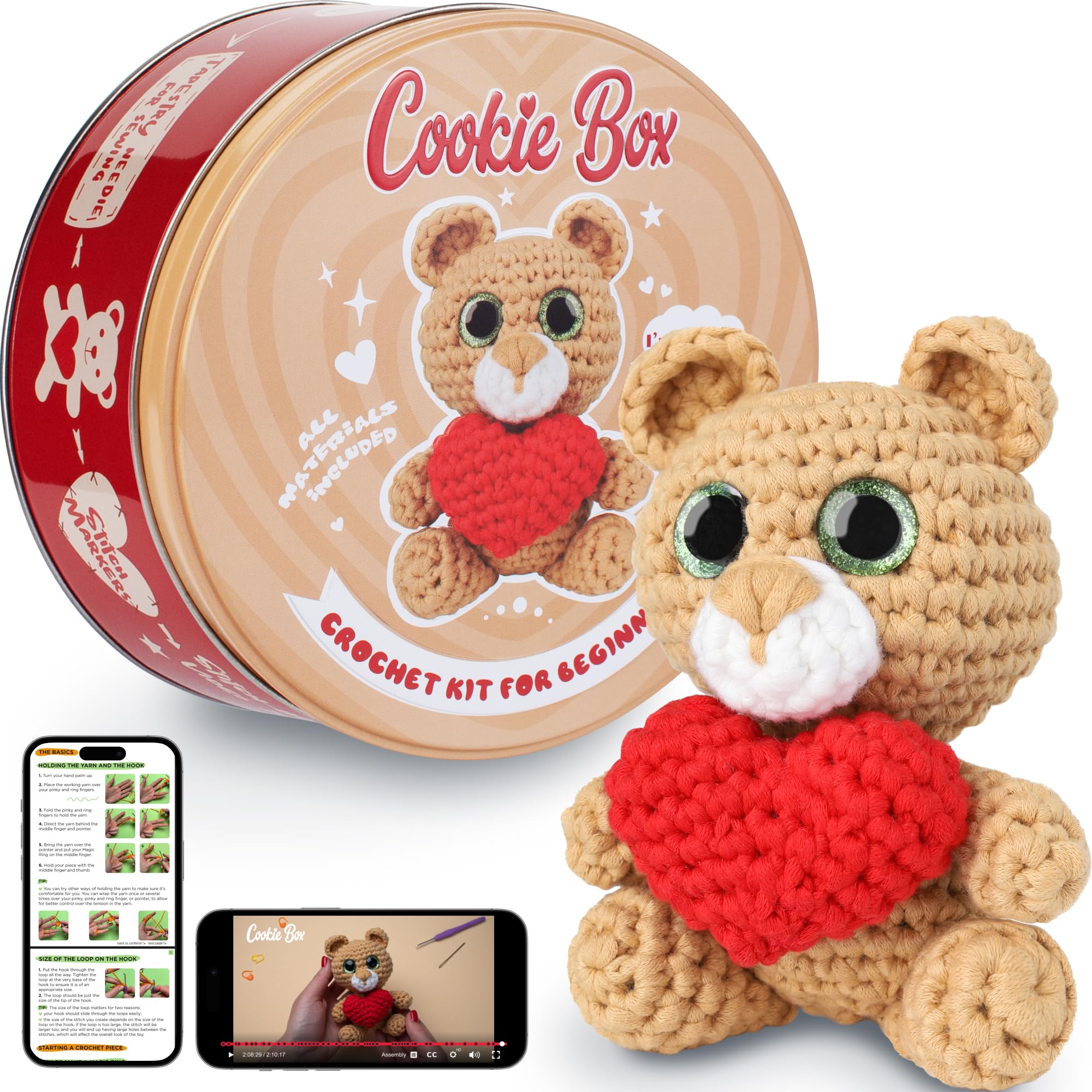 Photo 1 of Cookie Box Crochet Kit for Beginners – Gift Set to Make Bear Charlie Amigurumi Plushie – Easy DIY Crochet & Knitting Starter Kit with Video and PDF Tutorials